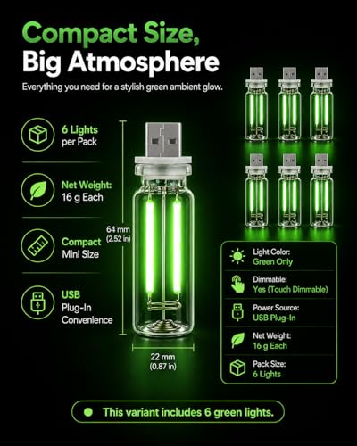 6 Pack USB Car Night Light (Green)