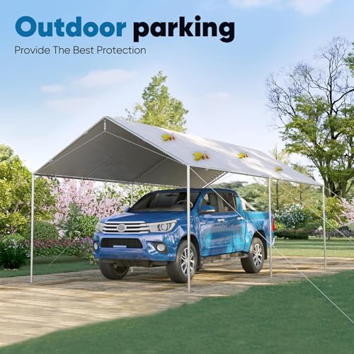 10x20 ft Heavy Duty Car Canopy Galvanized Frame Carport Outdoor Party Tent Boat Shelter with 3 Reinforced Steel Cables (Gainsboro / 10'x20')