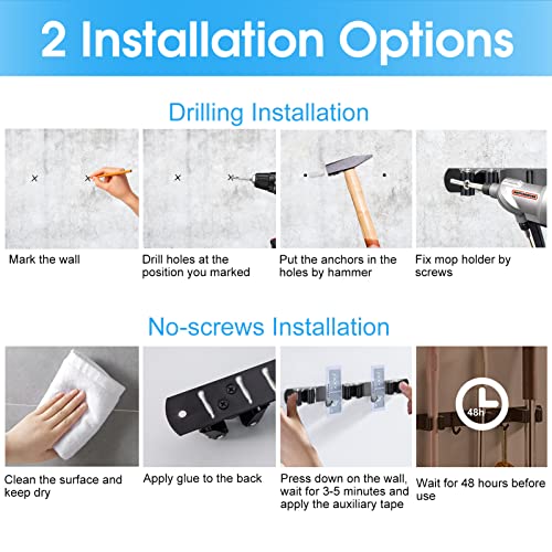 Mop and Broom Holder Wall Mounted (4 Racks and 3 Hooks)