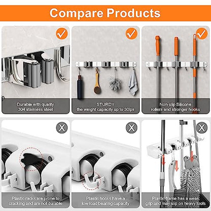 2 Pack Mop and Broom Holder Wall Mount for Kitchen Garden Garage Laundry (Silver / 2 Pack 3 Racks with 4 Hooks)