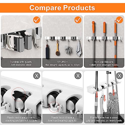 2 Pack Mop and Broom Holder Wall Mount for Kitchen Garage Laundry Room (Silver / 2 Pack 5 Racks with 4 Hooks)
