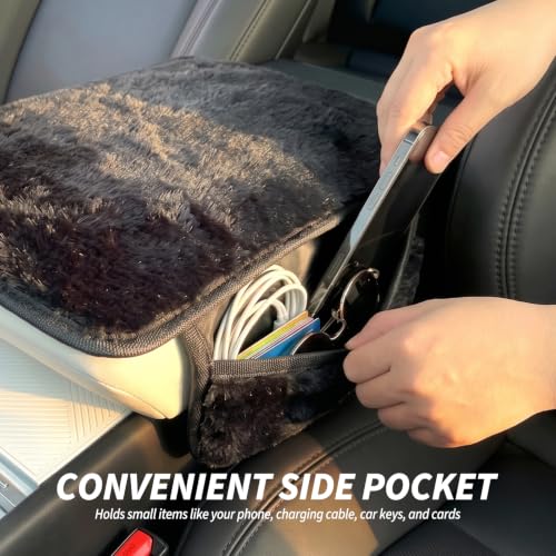 Plush Fuzzy Fur Car Armrest Cover with Side Pockets