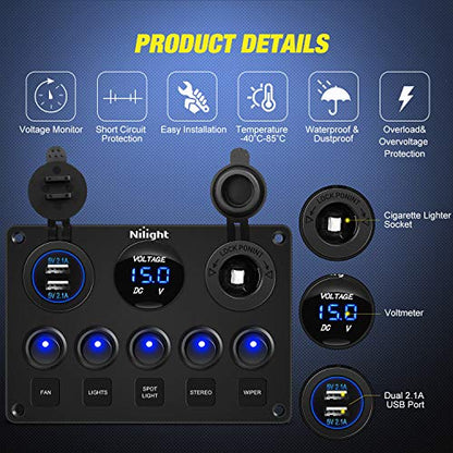 5 Gang Multi Function Rocker Switch Panel On Off Toggle Blue (Blue)
