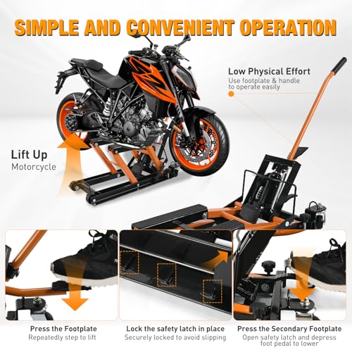 Motorcycle Lift Jack 1500 LBS Hydraulic Lifts ATV Scissor Jacks with Wheel Foot Pedal Handle Ratchet Belt Heavy Duty Lifter Stand Hoist Table for Dirt Bike Garage Storage Repair Tool (Orange Hydraulic w Wheels)