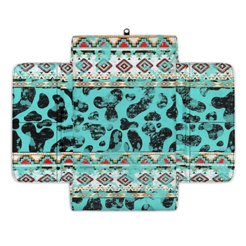 Aztec Cow Print Teal Auto Center Console Armrest Cover Arm Rest Seat Box Protective Cover with Side Storage Pockets Comfortable Middle Console Pad for Car Side Storage Box (Aztec Cow Print Teal)
