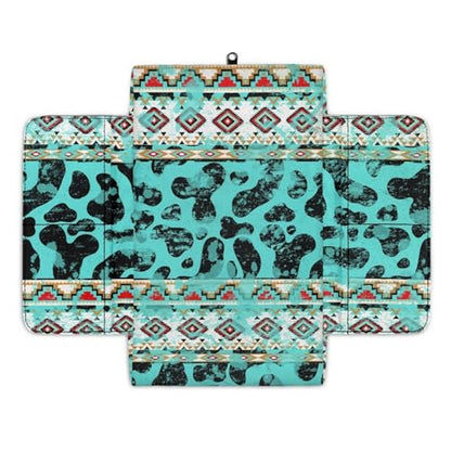 Aztec Cow Print Teal Auto Center Console Armrest Cover Arm Rest Seat Box Protective Cover with Side Storage Pockets Comfortable Middle Console Pad for Car Side Storage Box (Aztec Cow Print Teal)
