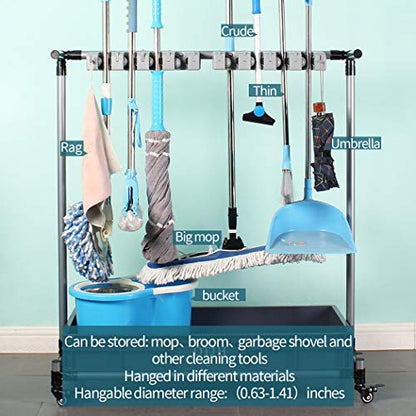broom and mop holder put wet mops movable Commercial mop rack cleaning tool cart storage for garden garage organizer mop drain rack (16slots)