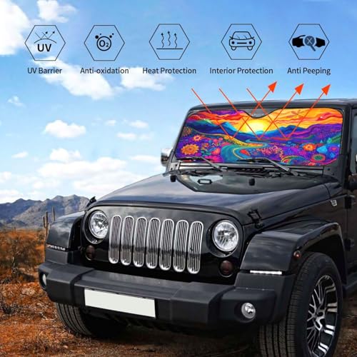 Abstract Flower Sunrise Car Sun Shade Windshield Sunshade Foldable Front Window Shield Cover for Truck SUV (Blue2 / Small)