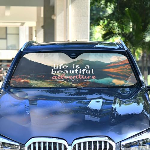 Car Windshield Sun Shade Quote Life is A Beautiful Adventure Foldable Car Front Windshield Sunshade Blocks UV Rays Sun Visor Sun Heat Protection for Car Truck SUV to Keep Your Vehicle Cool (Small / Retro Mountain Sea)