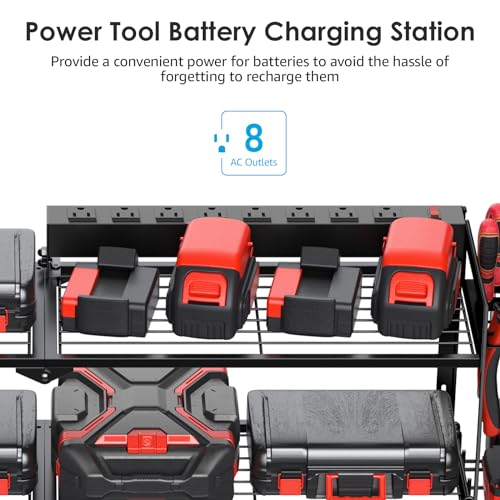 Large Garage Tools Storage with Charging Station. Power Tool Battery Organizer Utility Shelf with Power Strip. 4 Drills Holder Wall Mount Rack (Large / 2 Layer)