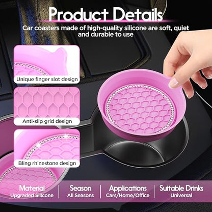 2 Pack Car Cup Holder Coaster Bling Crystal Rhinestone Car Interior (Pink / 2 Pack)