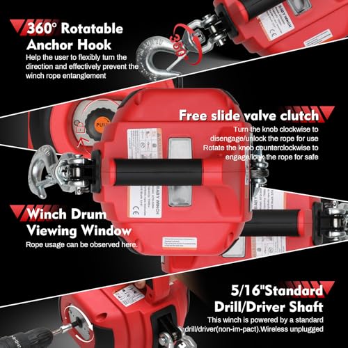 Portable Drill Winch of 1000 Lbs (1000 lb. Capacity Synthetic Rope)