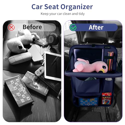 Car Backseat Organizer with Foldable Tablet Holder (Dark Blue-3 / 2 Pack with Food Tray)