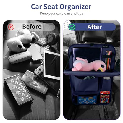 Car Backseat Organizer with Foldable Tablet Holder (Dark Blue-3 / 2 Pack with Food Tray)