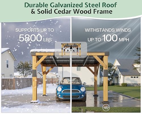 10x12x8 FT Cedar Wood Carport with Sloped Galvanized Steel Roof (10x12x8 FT)