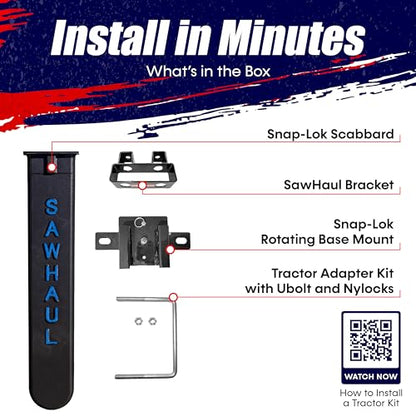Snap Lok Universal Chainsaw Carrier Kit for Tractors and Skid Steers (Rotating - Tractors / 28 Inch Scabbard / Blue)