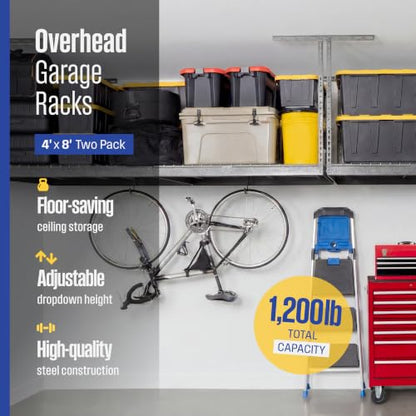 Gray 4x8 Overhead Garage Storage Rack 600 lb 12” (Hammertone / 12"-21" (2 Pack))