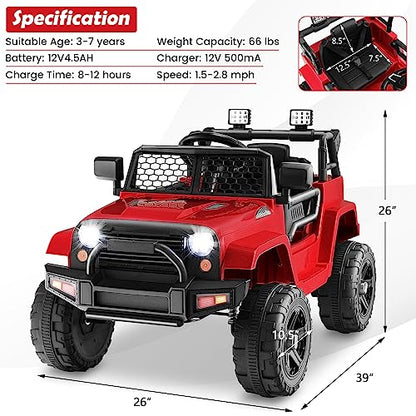 Ride on Car 12V Battery Powered Truck Vehicle with Remote Control (Red / 39" x 26" x 26")