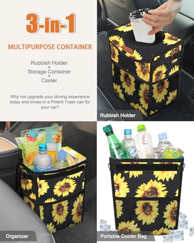 Car Trash Can with Lid Leakproof Car Garbage Bag Vehicle Trash Bin (2 Gallons / Black Sunflower)