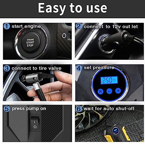 Digital Air Compressor for Car Auto Pump Portable Tire Inflator with LED Light DC 12V (Yellow)