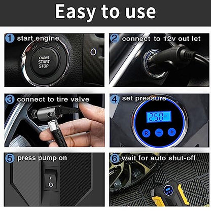 Digital Air Compressor for Car Auto Pump Portable Tire Inflator with LED Light DC 12V (Yellow)