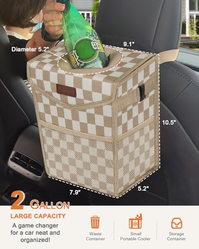 Car Trash Can with Lid Leakproof Car Garbage Bag Vehicle Trash Bin (2 Gallons / Khaki Checkered)