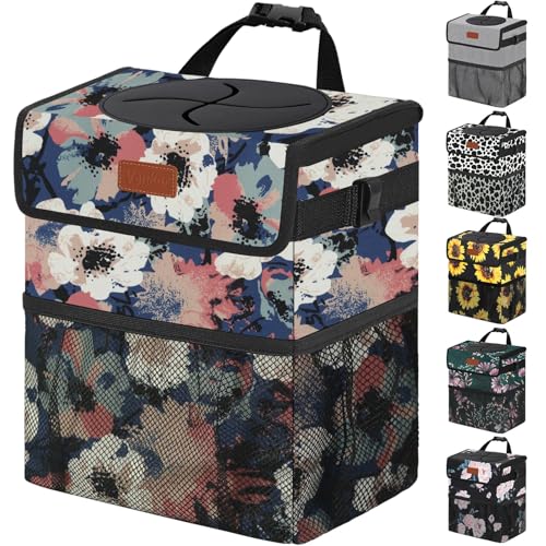 Car Trash Can with Lid Leak Proof Car Accessories for Women (2.2 Gallons / Painting Floral)
