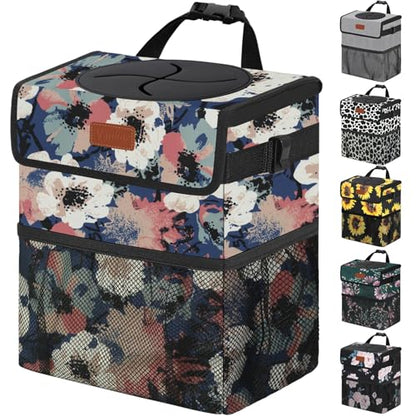 Car Trash Can with Lid Leak Proof Car Accessories for Women (2.2 Gallons / Painting Floral)