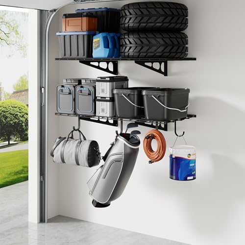 2 Pack 2x4ft Garage Shelving with Hooks (Black / 2 pack-2x4 ft w/hooks)