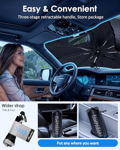 2026 Upgrade] Car Windshield Sun Shade Umbrella (56 x 31 in / Black+Sliver)
