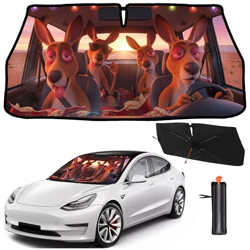 2025 Upgrade Funny Cute Animals Car Windshield Sun Shade Umbrella 5 Layers Nano Coatings Kangaroo Driving Car Front Window UV Block Sunshade Cover for Most Cars SUV (Kangaroo Driving)