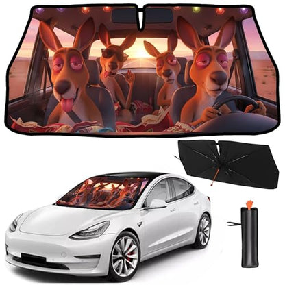 2025 Upgrade Funny Cute Animals Car Windshield Sun Shade Umbrella 5 Layers Nano Coatings Kangaroo Driving Car Front Window UV Block Sunshade Cover for Most Cars SUV (Kangaroo Driving)