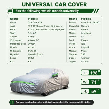 6 Layers Premium Sedan Car Cover Waterproof All Weather Weatherproof UV Sun Protection Snow Dust Storm Resistant Outdoor Exterior Custom Form (Silver Car Cover / K3 - Sedan -（Fits size 188"-198"）)