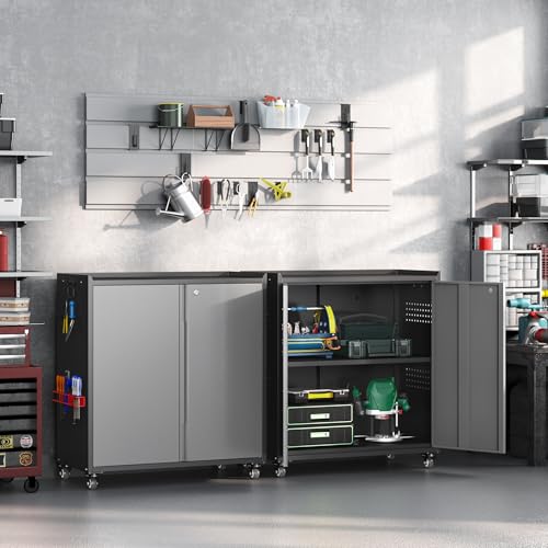 Metal Garage Storage Cabinet with Wheels (Black&gray / 34.3"H Tool Cabinet(2-Door))