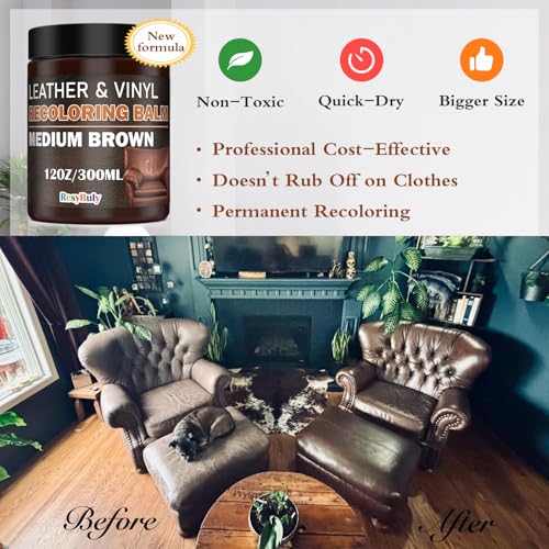 Leather Recoloring Balm Medium Brown Dye Vinyl Car Interior Boat Seat Paint Crafts Furniture Couch Recliner Chair Boot Jacket Shoe Bag Purse Belt Color Restorer Fading Stain Scratch Remover Repair (Medium Brown)