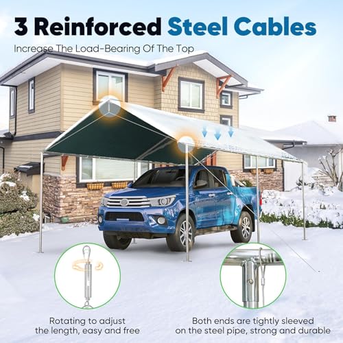 10x15 ft Heavy Duty Car Canopy Galvanized Frame Carport Outdoor Party Tent Boat Shelter with 3 Reinforced Steel Cables (Green / 10'x15')