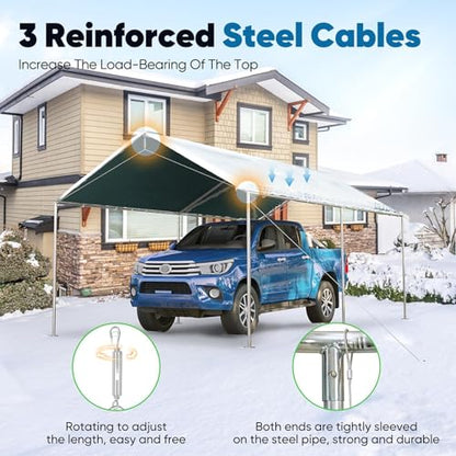 10x15 ft Heavy Duty Car Canopy Galvanized Frame Carport Outdoor Party Tent Boat Shelter with 3 Reinforced Steel Cables (Green / 10'x15')