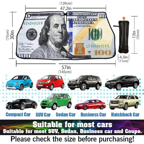 100 Dollar Bill UAS Money Car Windshield Sun Shade Umbrella Automotive Windshield Sunshade Foldable Front Car Accessories Interior Decor to Keep Vehicle Cool for Most Vehicles 57'' X 30'' (57'' X 30'' / style-AB1)