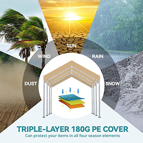 Rutile 12'x20' Carport Canopy ONLY Tent Garage Replacement Top Tarp Car Shelter Cover w (Beige)