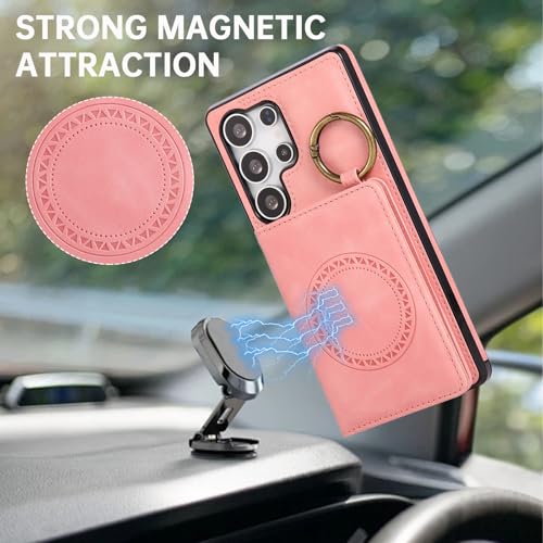 Compatible with Samsung Galaxy S24 Ultra 5G Wallet Case and Screen Protector Crossbody Shoulder Strap Stand Card Holder Magnetic Car Mount Cell Phone Cover for S24Ultra S 24 24Ultra Women Men Pink (Rose Gold / for S24 Ultra)