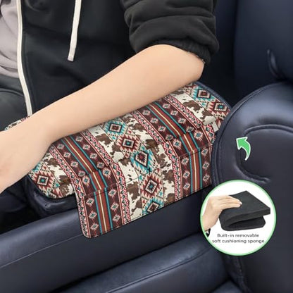 Aztec Brown Cow Print Car Center Console Cushion Cover Comfortable Armrest Seat Box Lid with Organizer Pockets Anti (Aztec Brown Cow Print)