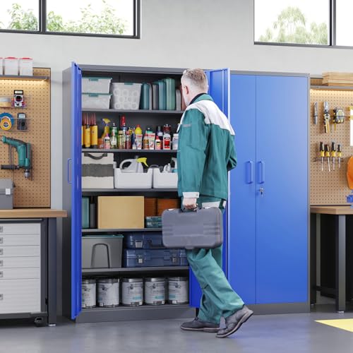 Metal Garage Storage Cabinets with Lock Door and Adjustable Shelves (71 X 32 X 16 In(H X W X D) / Grey Blue)