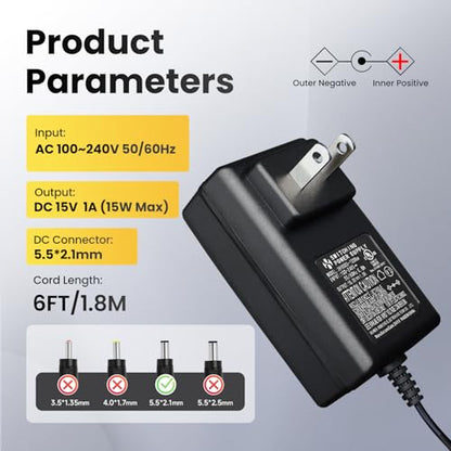 UL Listed 15V 1A 6ft Power Supply Adapter with 8 Tips (15V1A+8 Tips)