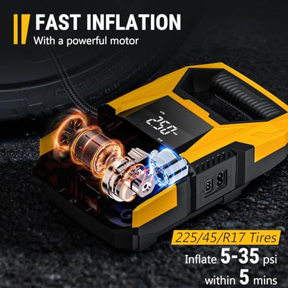 AC DC Tire Inflator Portable Air Compressor (Yellow)