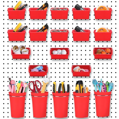 20 Pcs Pegboard Bins and Cups Accessories with Hooks (Red)