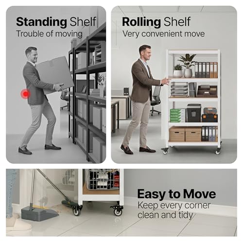 House White 36.2" W 5 Tier Rolling Storage Shelves Metal Cart (White / (Wheels) 36.2"W x 16.5"D)