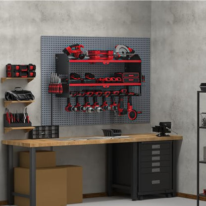 Power Tool Organizer with Charging Station Wall Mount (with Power Strip / Red)