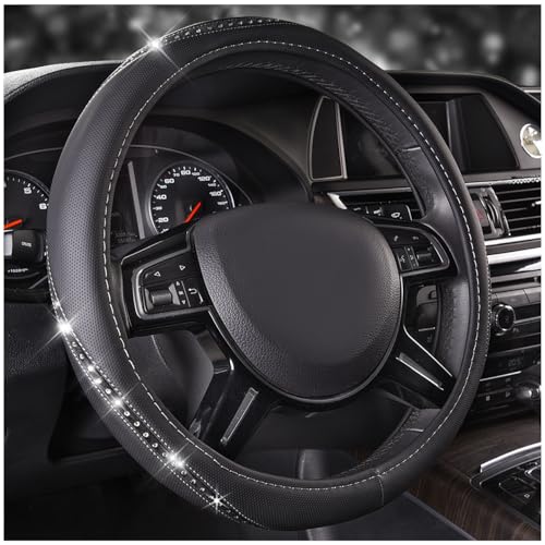Bling Diamond Black Leather Steering Wheel Cover (Silver Diamond 1PCS)