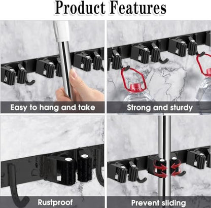 Black Broom Holder Wall Mount (5 Racks & 4 Hooks (Black) - 1 Pack)