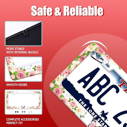 Pink Butterfly License Plate Frame Stainless Steel Flowers License Holder (Pink Butterfly Floral Flowers)
